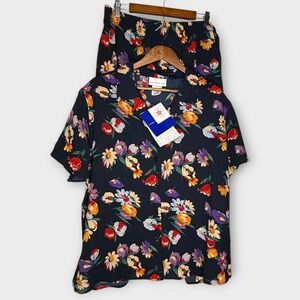NWT Susan Graver 2 Piece Set Navy Floral Blouse Skirt 1X 2X Church Office Career
